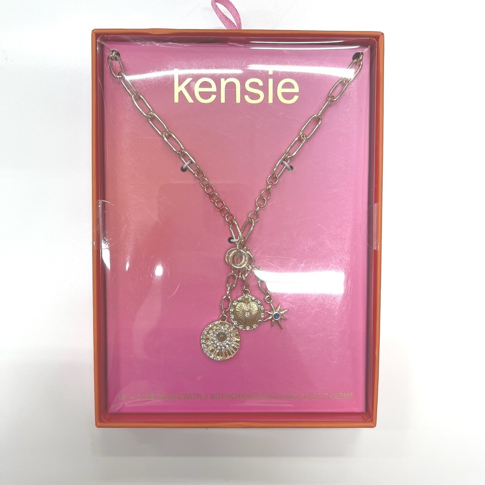 Kensie‎ Gold Tone Paperclip Chain Necklace 3 Interchangeable Charms Heart Star